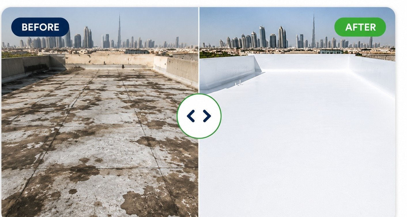 Before and after rooftop waterproofing transformation in Dubai, showing the damaged roof before treatment and the finished waterproofed roof after treatment